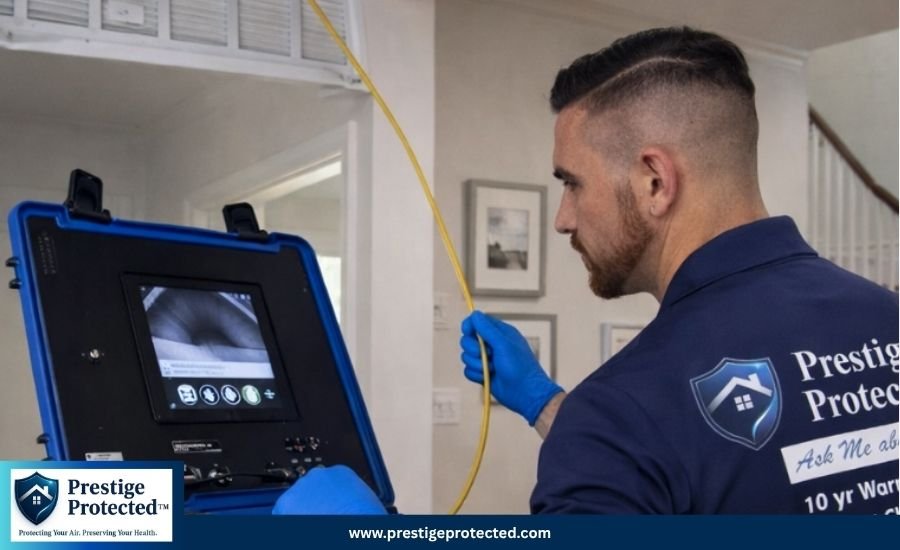 An air duct cleaning professional using a video inspection camera to examine the inside of a home's ventilation system.