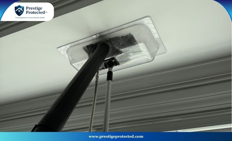 cleaningairventcover A homeowner using a microfiber cloth to wipe down a metal wall vent grille.
