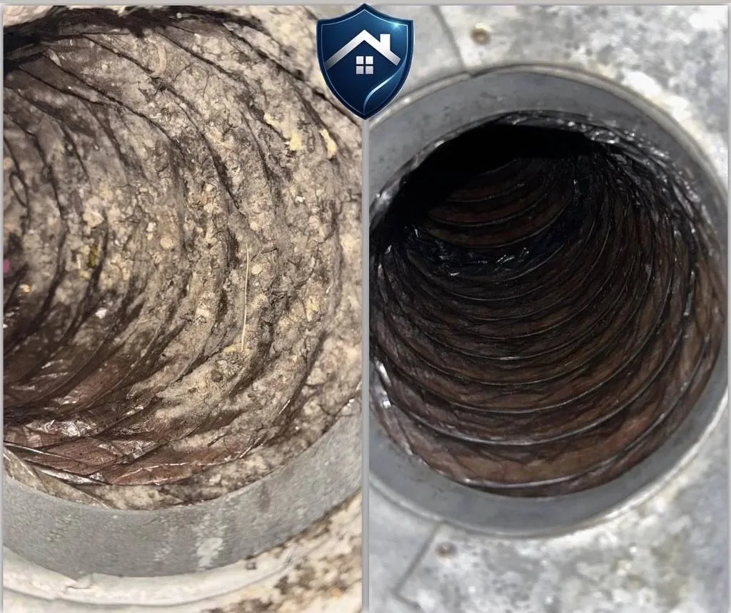 Duct interior before and after cleaning in a far north Raleigh 27614 home