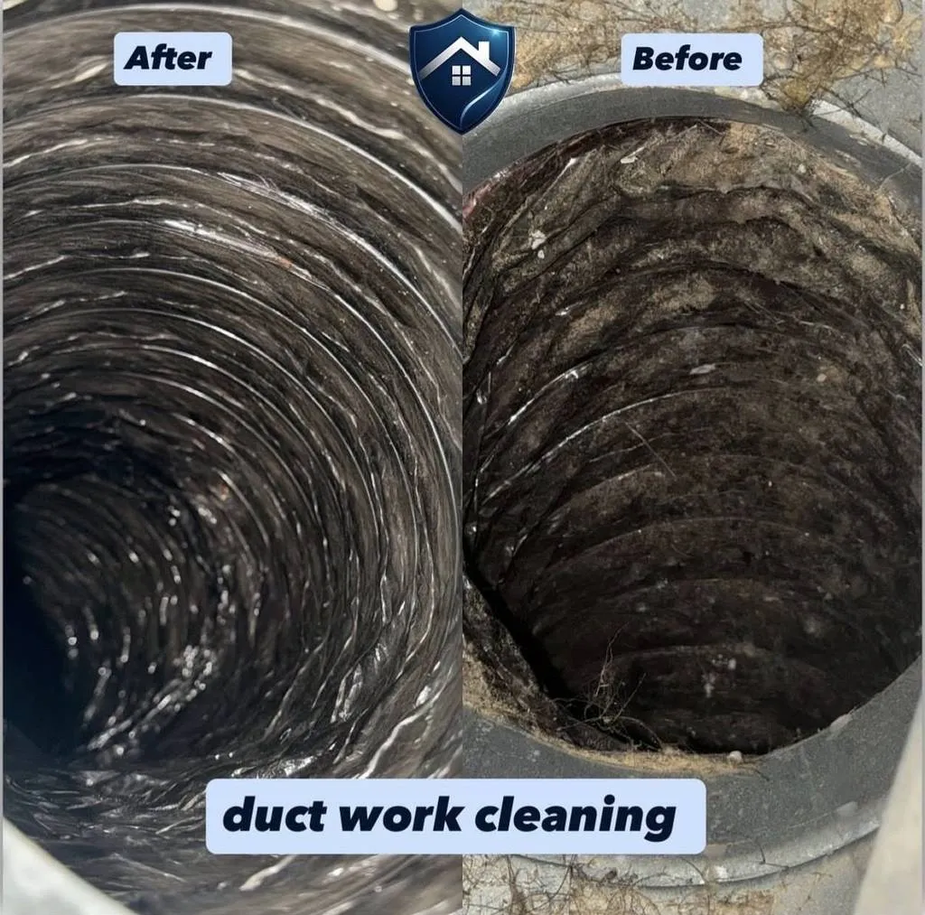 Duct interior before and after cleaning in a west Raleigh 27612 split-level home