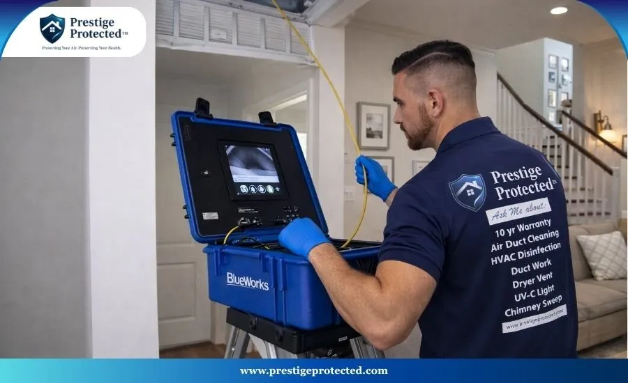 An indoor air quality technician using a specialized inspection camera inside a metal air duct line.