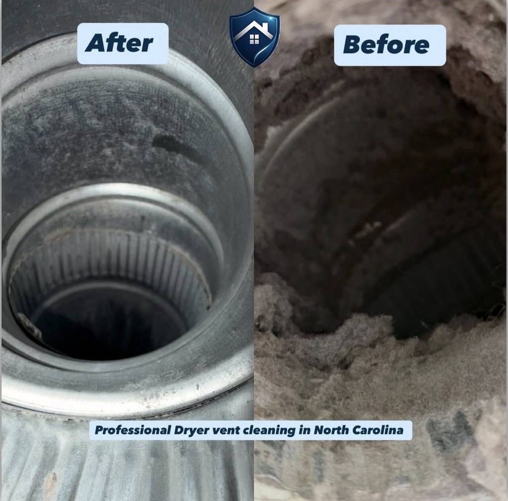 Residential dryer vent packed with lint in a Raleigh home, photographed before and after cleaning to show the blocked duct cleared along its length