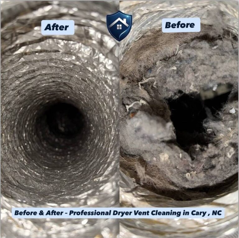 Dryer vent before and after cleaning results in Raleigh, NC