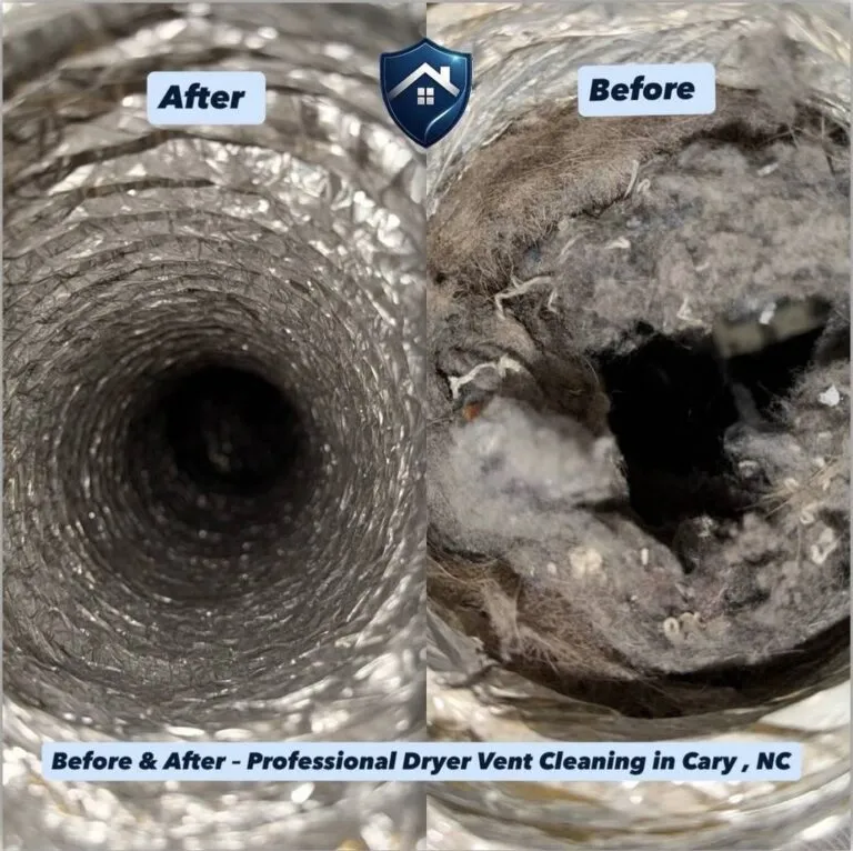 Dryer vent before and after cleaning results in Raleigh, NC