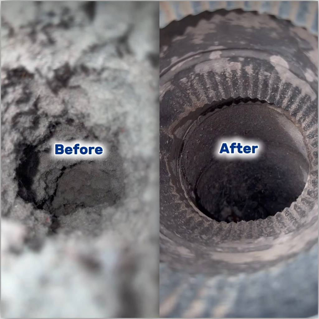 Narrow older dryer vent duct blocked with compacted lint in a west Raleigh home, photographed before and after cleaning