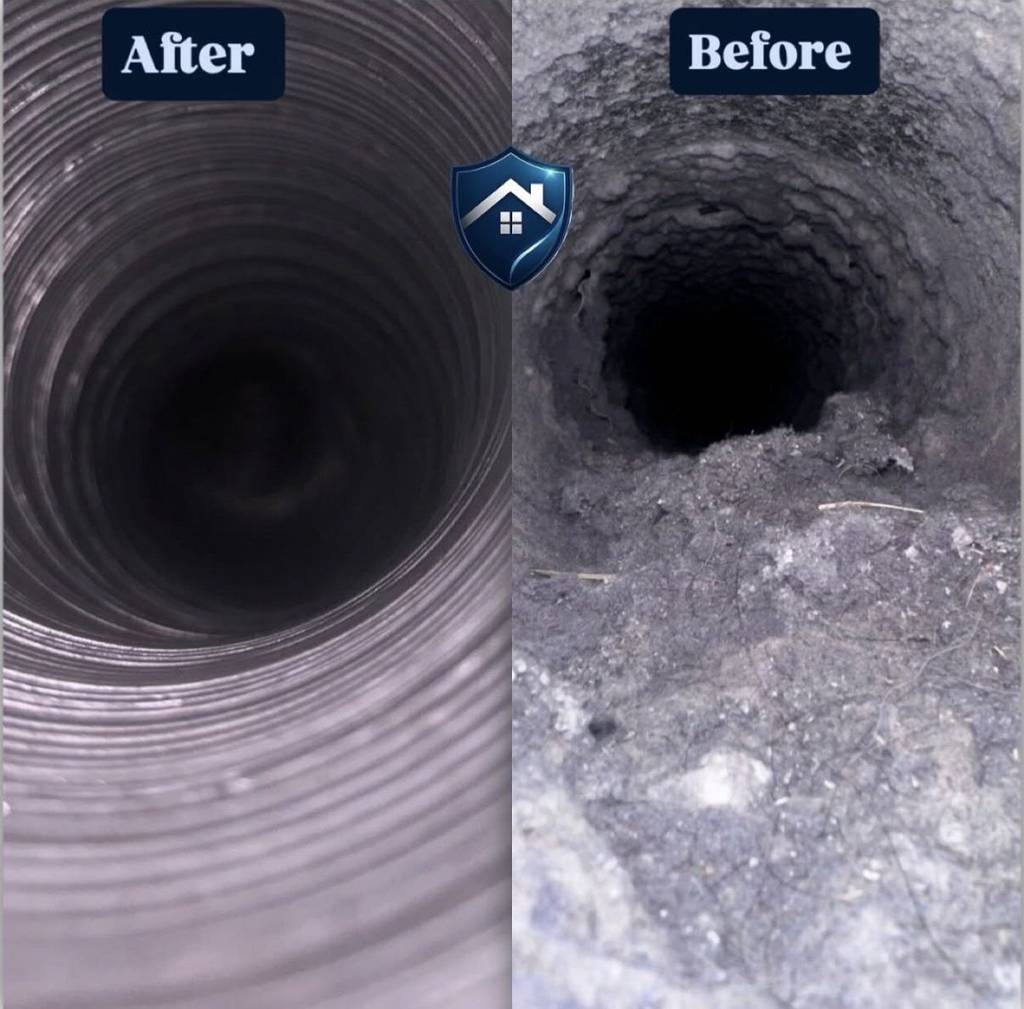 Clogged dryer vent pipe from a Raleigh home before and after cleaning, lint packed inside the duct and then cleared
