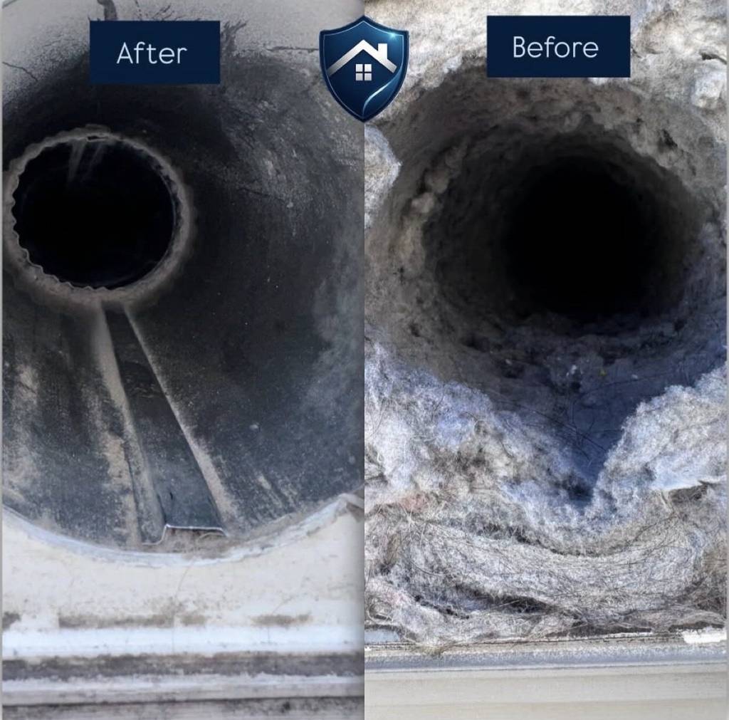 Real before and after dryer vent cleaning result from a Prestige Protected job in Cary