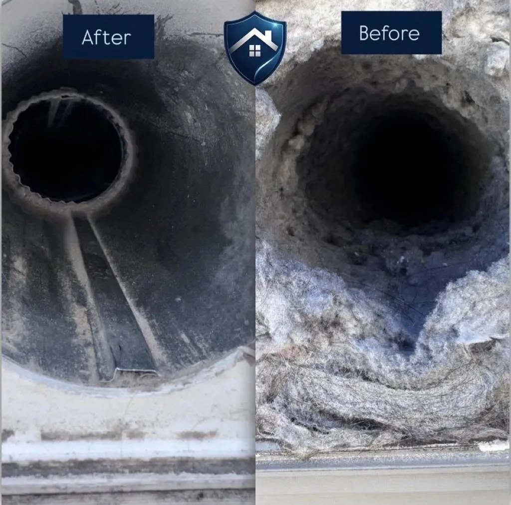 Real before and after dryer vent cleaning result from a Prestige Protected job in Cary