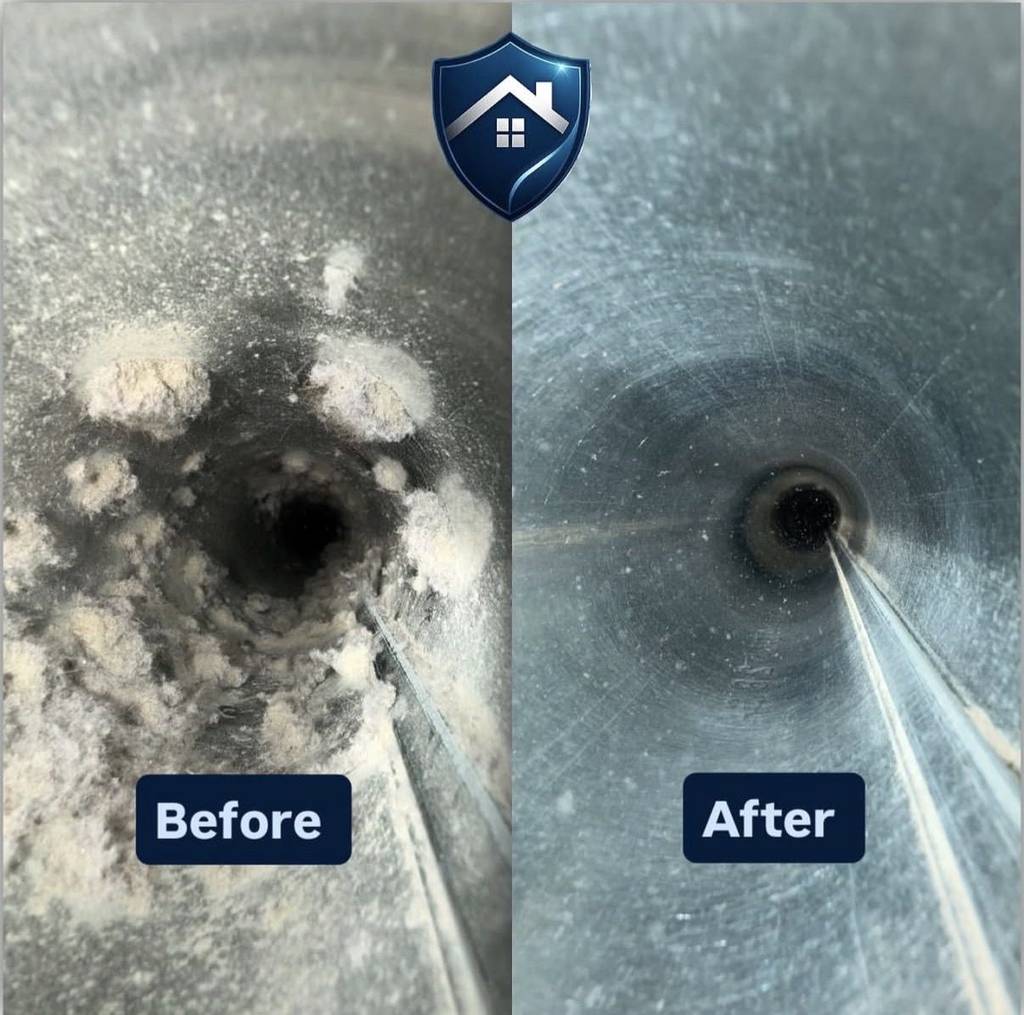 Real before and after dryer vent cleaning result from a Prestige Protected job in Cary