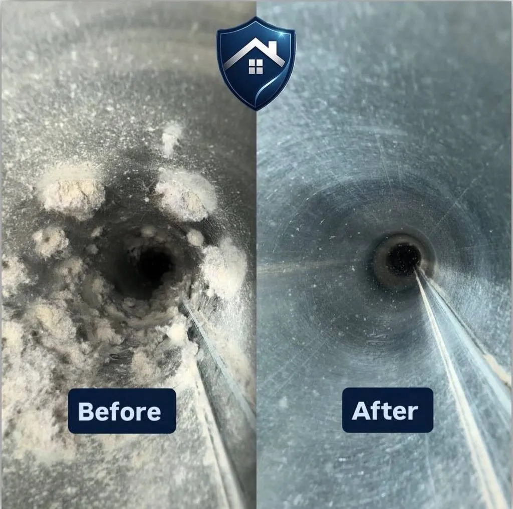 Real before and after dryer vent cleaning result from a Prestige Protected job in Cary