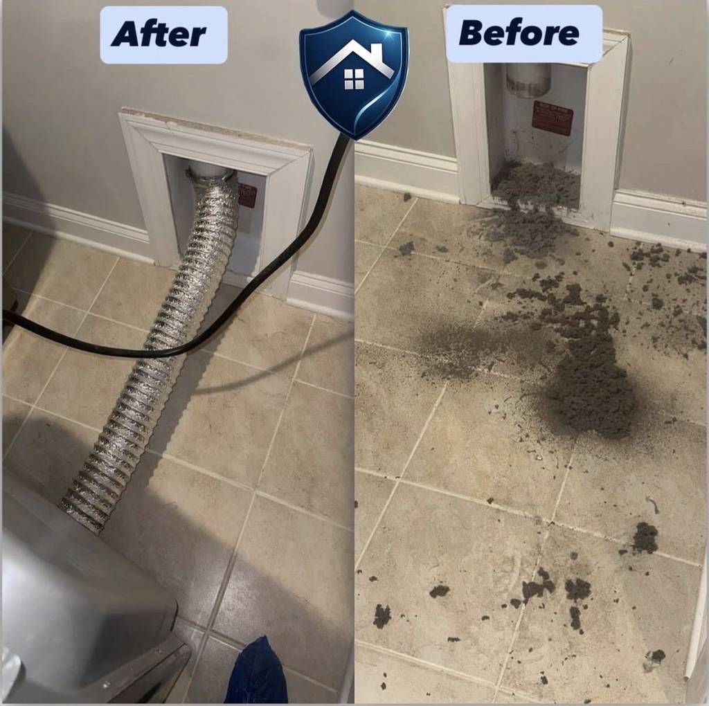 Dryer vent from a Stonewater home in west Cary before cleaning with lint build-up, and after cleaning