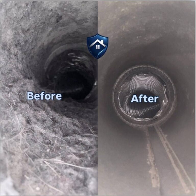 Dryer vent before and after cleaning results in Raleigh, NC