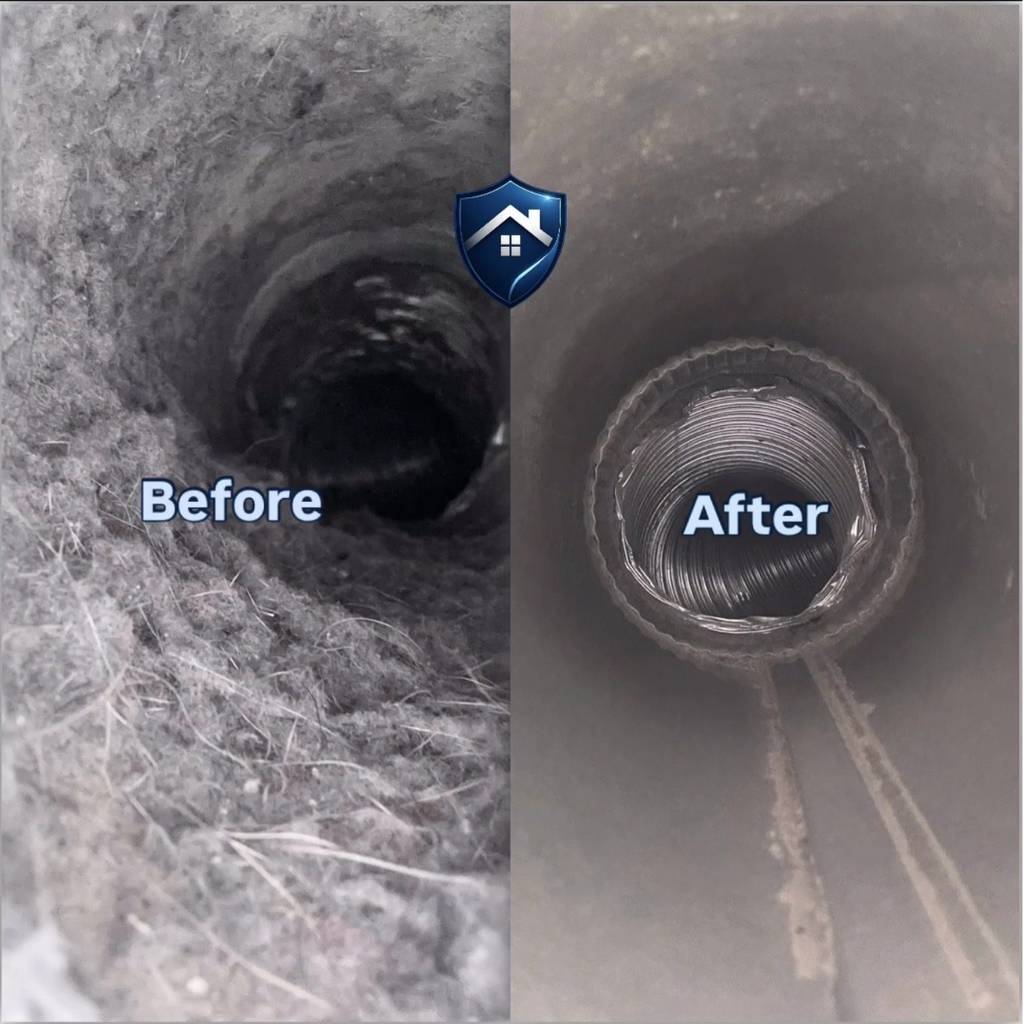 Lint removed from a Raleigh dryer vent run, shown before and after cleaning