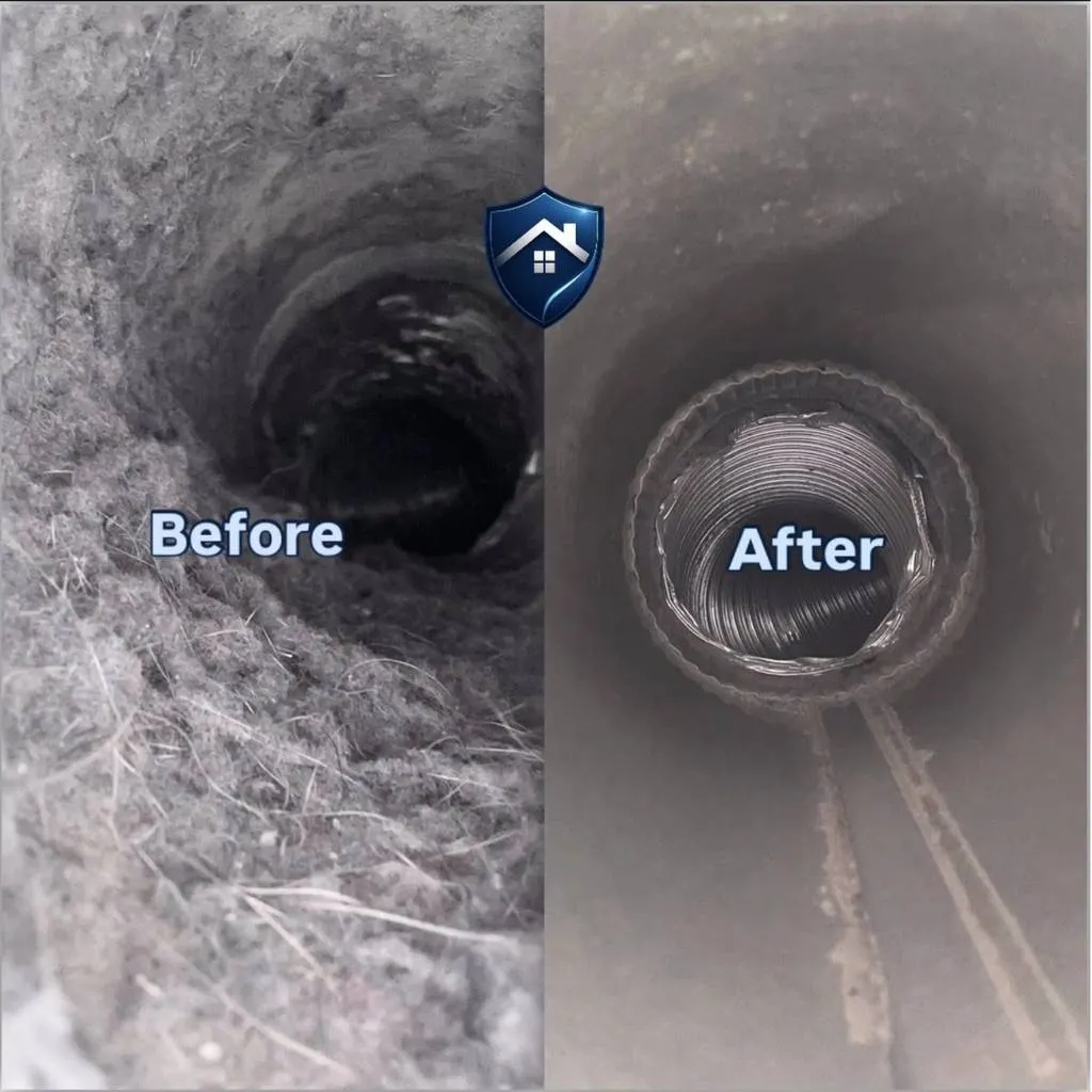 Before and after photos of a lint-clogged dryer vent cleaned at a Raleigh, NC home
