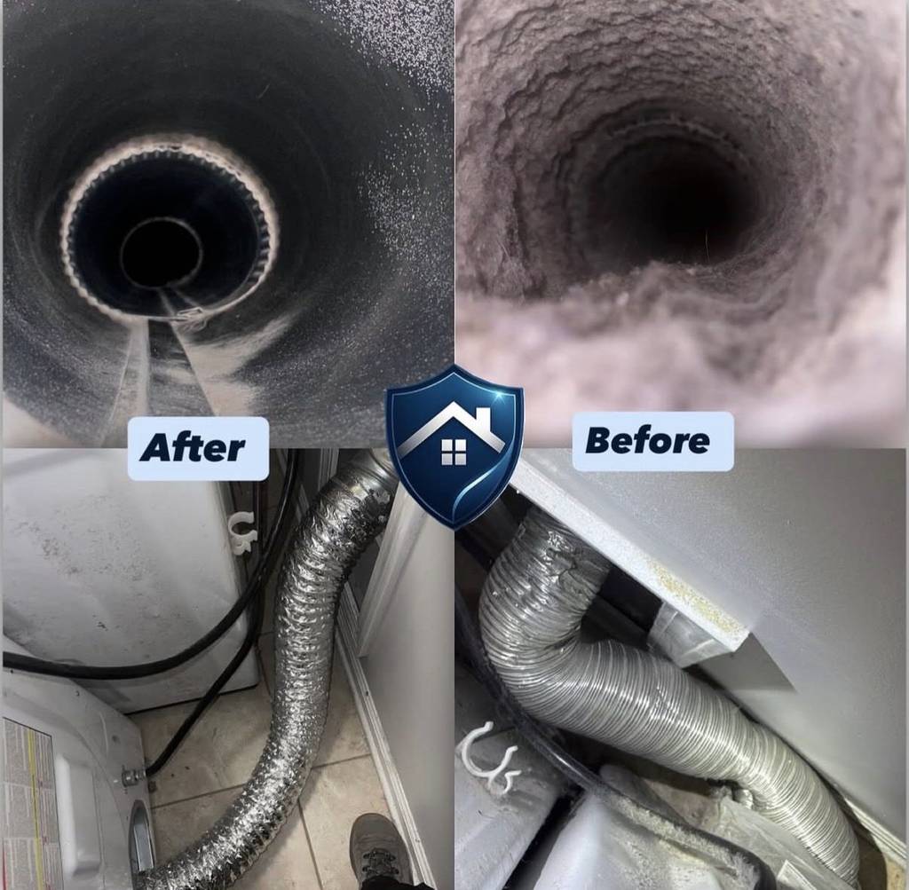 Long residential dryer vent run packed with lint, photographed before and after cleaning in a North Carolina crawlspace home