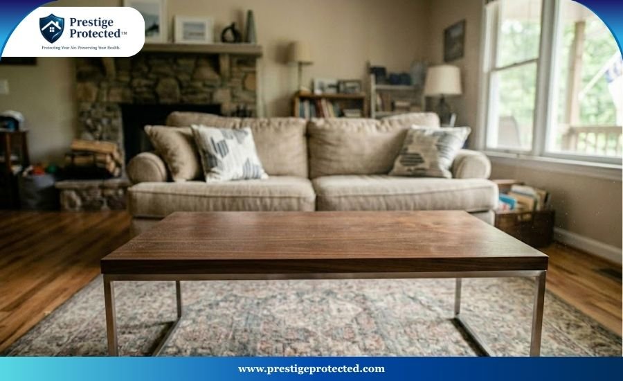 A thick layer of gray dust settling on a dark wooden living room coffee table.