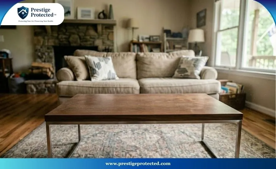 A thick layer of gray dust settling on a dark wooden living room coffee table.