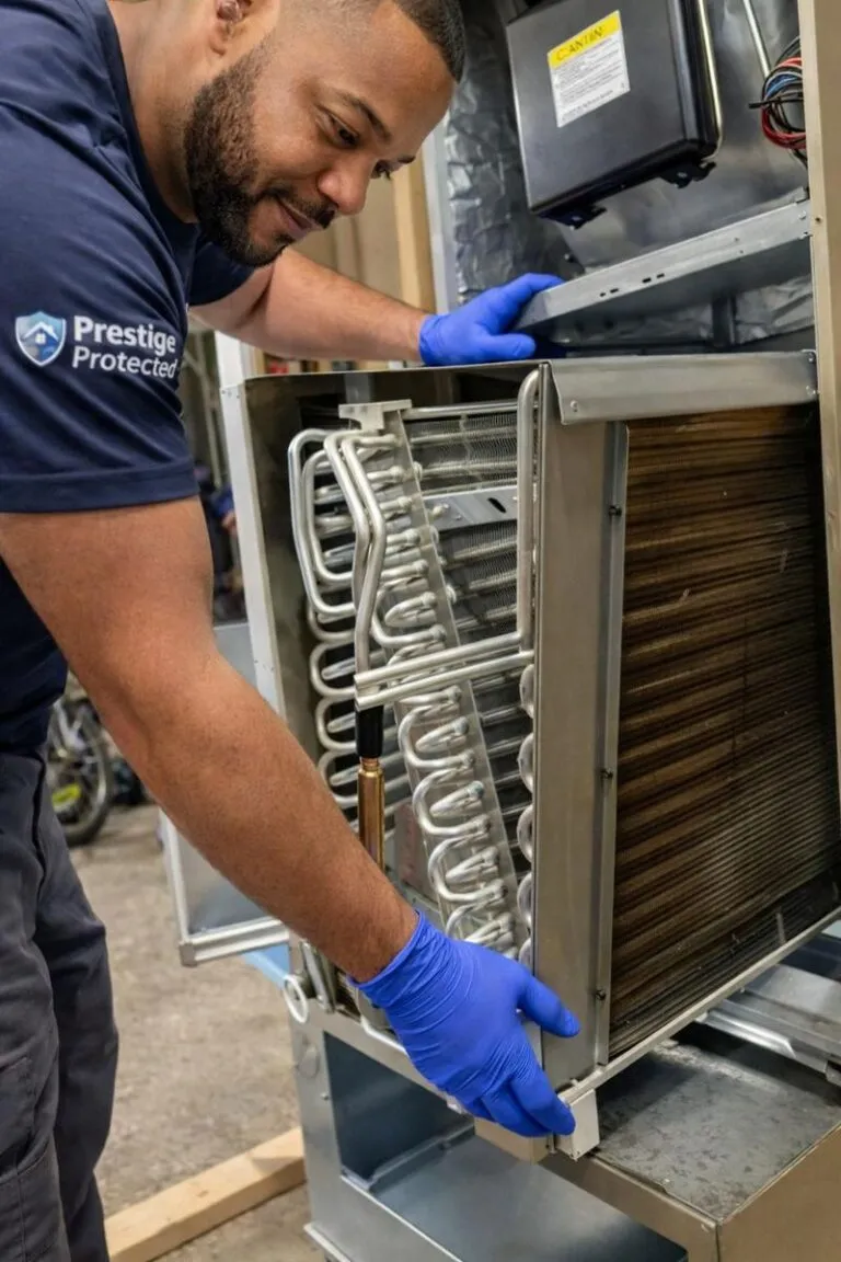 Prestige Protected technician cleaning an AC evaporator coil