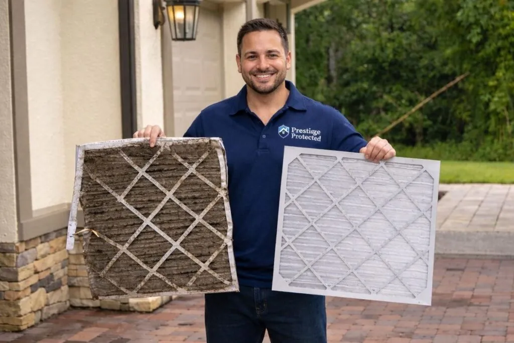 Air filter before and after comparison from a Raleigh, NC home HVAC system