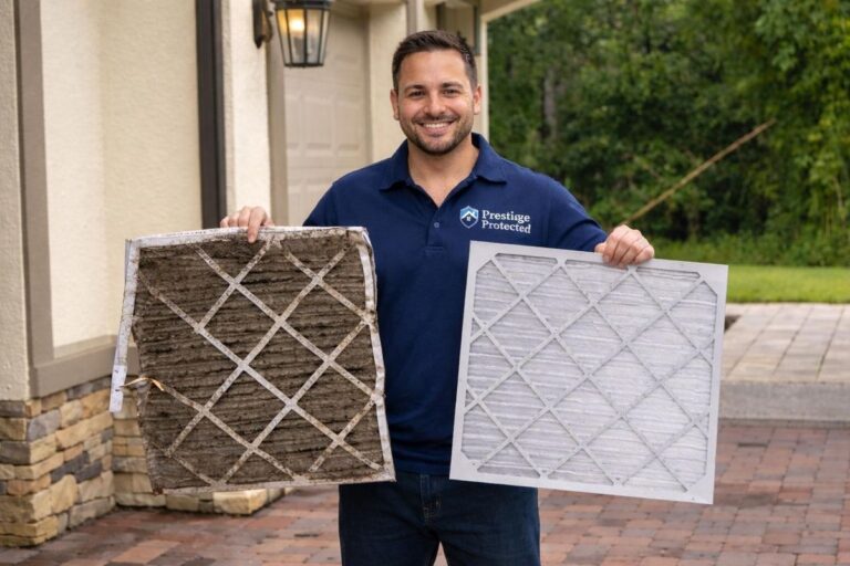 Prestige Protected technician holding a dirty air filter next to a clean replacement filter