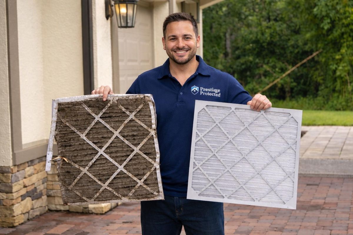 Before and after comparison of an HVAC filter and duct interior from a Raleigh, NC home showing debris removed
