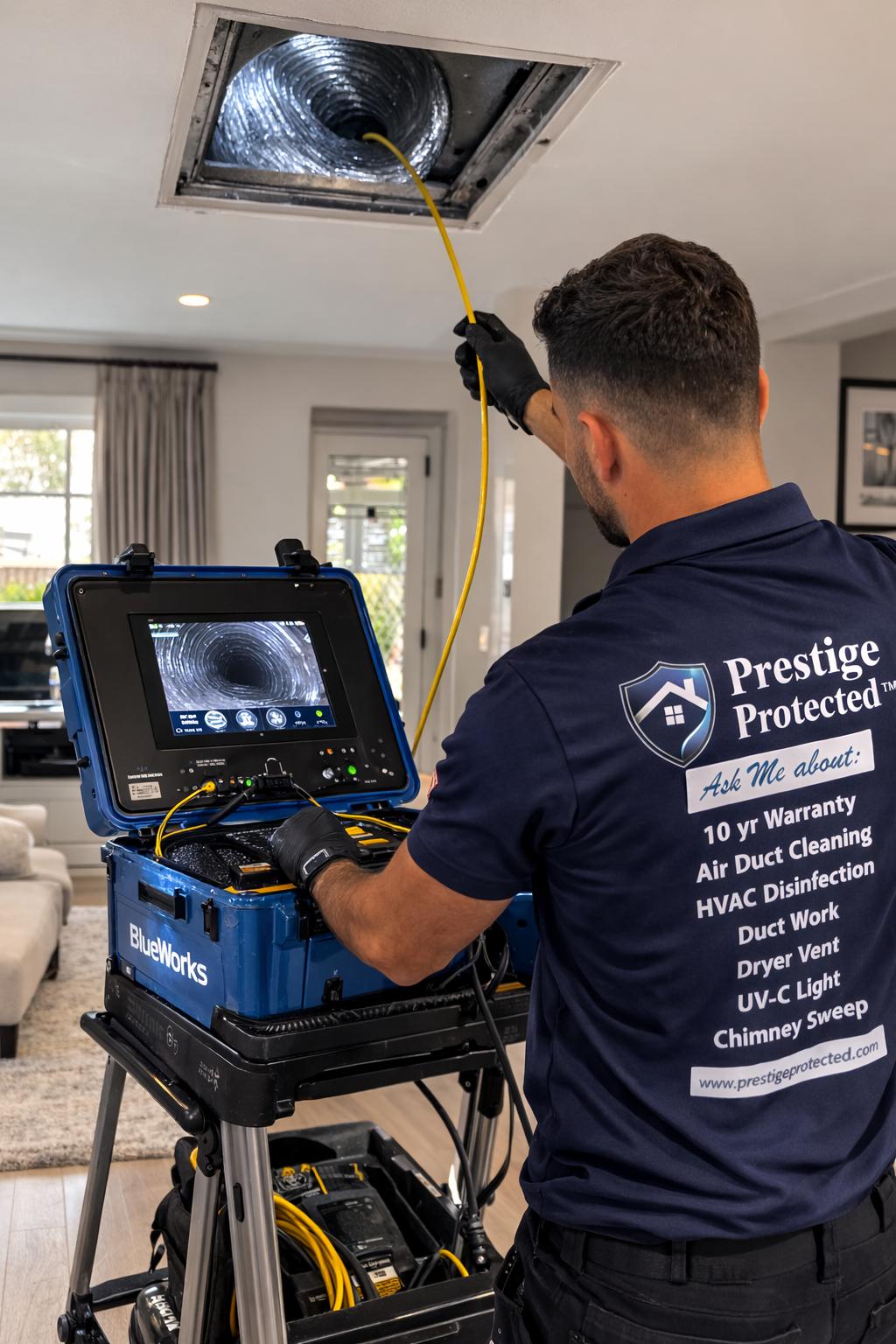 Technician inspecting a Cary, NC air duct with a camera before cleaning