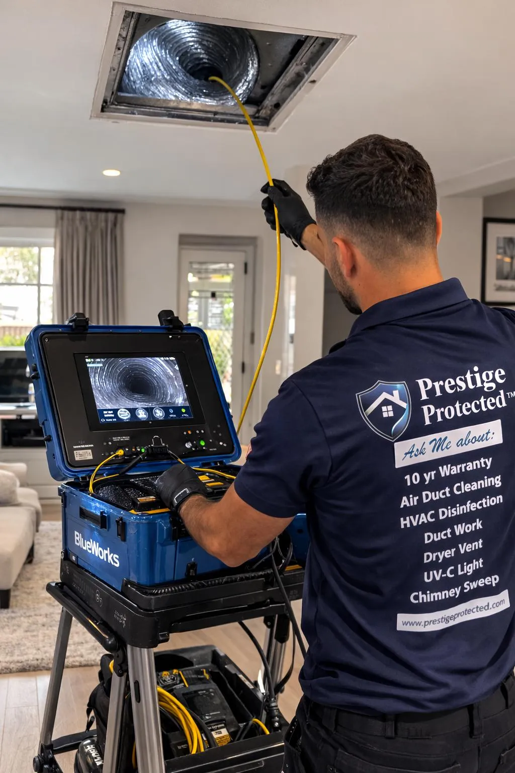 Prestige Protected technician using a duct inspection camera to check air ducts inside a home