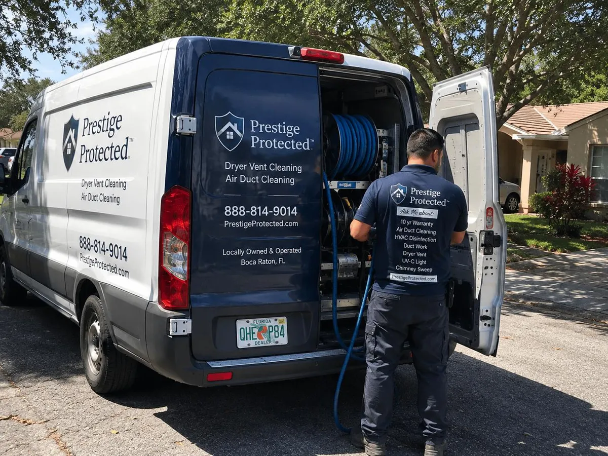 Prestige Protected air duct and dryer vent cleaning van, locally owned and operated in Boca Raton, FL