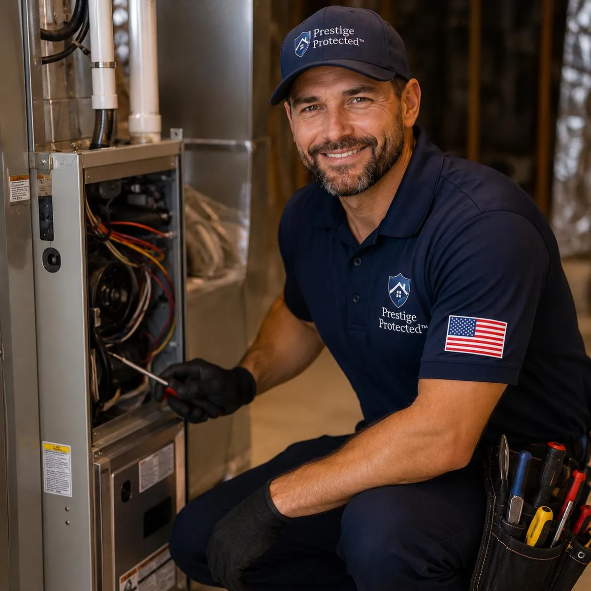 Prestige Protected technician servicing an HVAC system