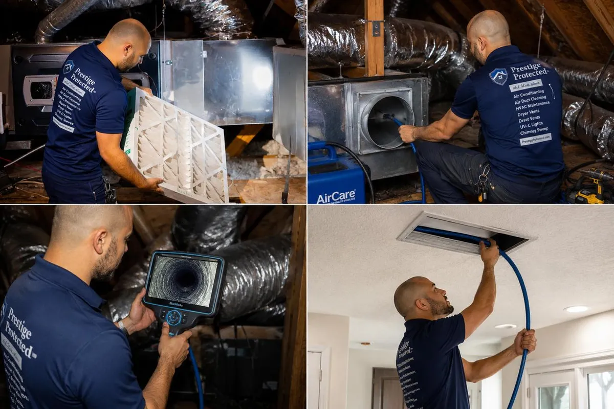 Prestige Protected technicians replacing an HVAC filter, cleaning duct runs and inspecting ductwork with a camera