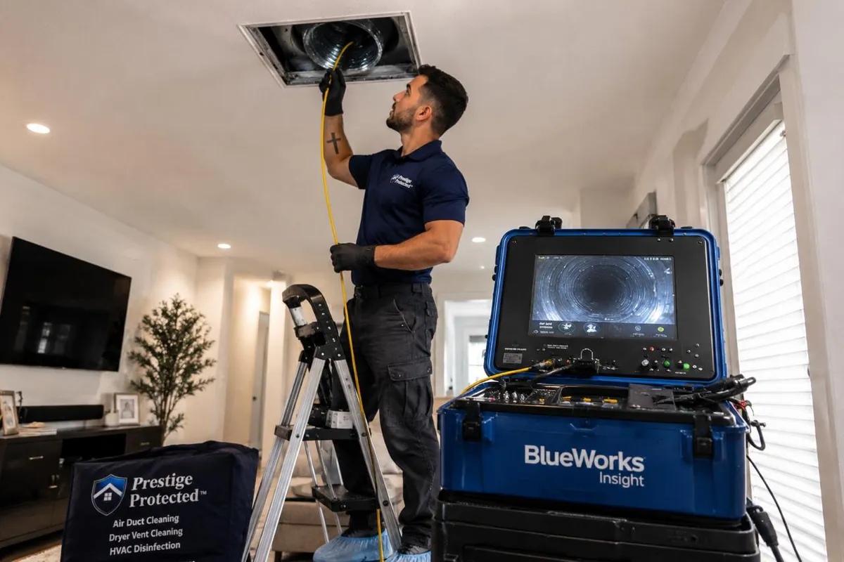Technician on a ladder inspecting a ceiling air duct with camera equipment