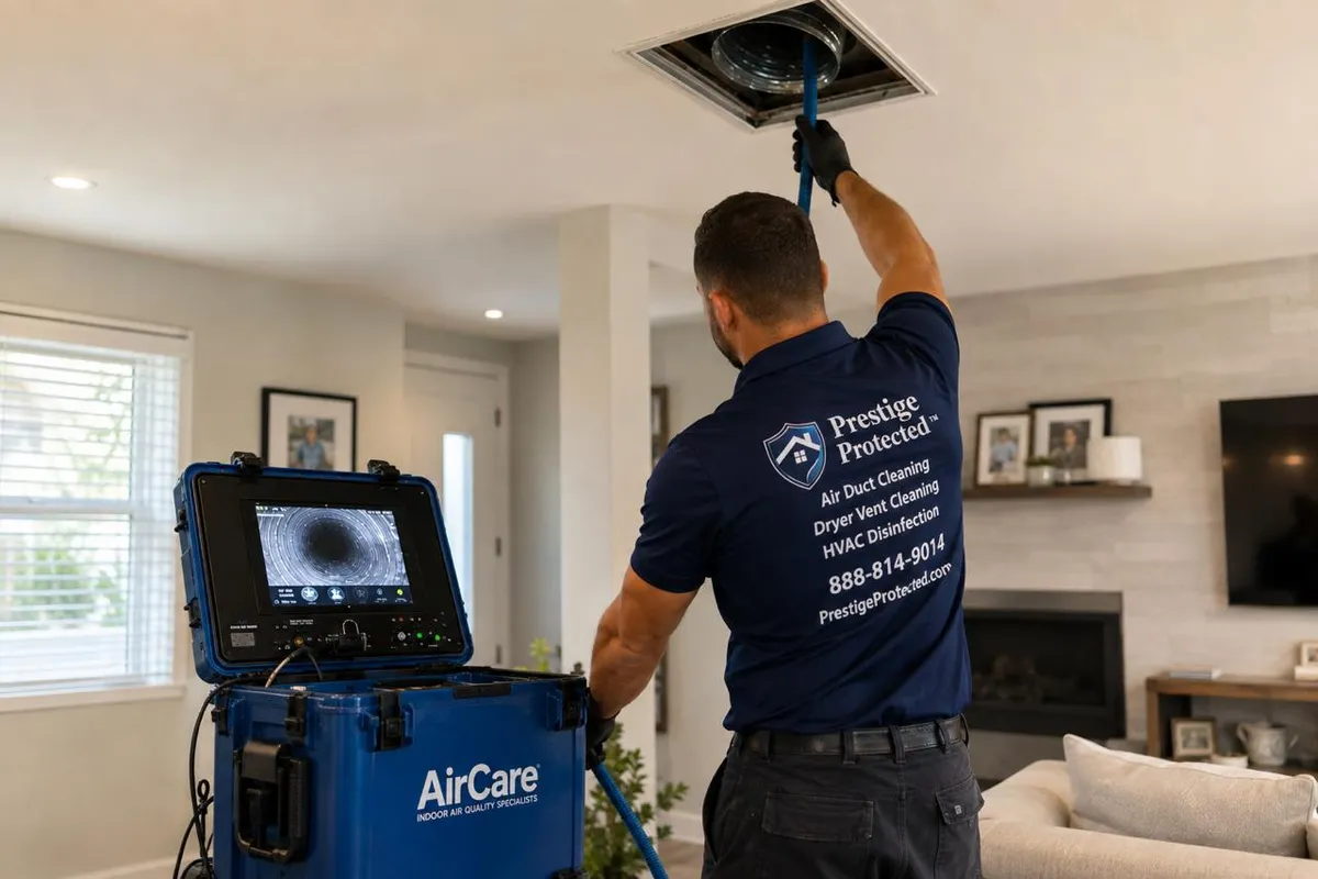 Prestige Protected technician cleaning a ceiling air vent with camera inspection equipment