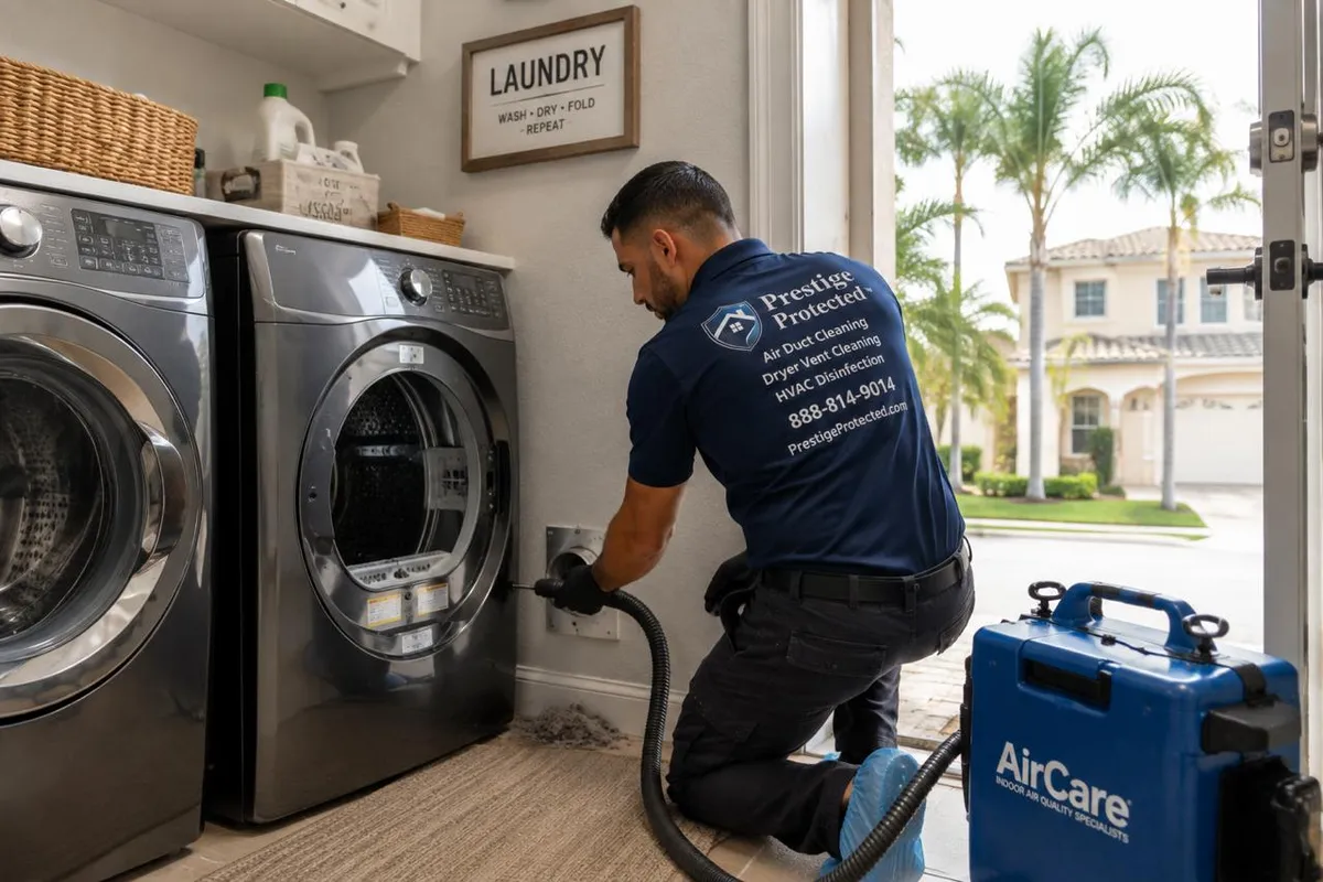 Technician cleaning a dryer vent in the laundry room of a Boca Raton, FL home