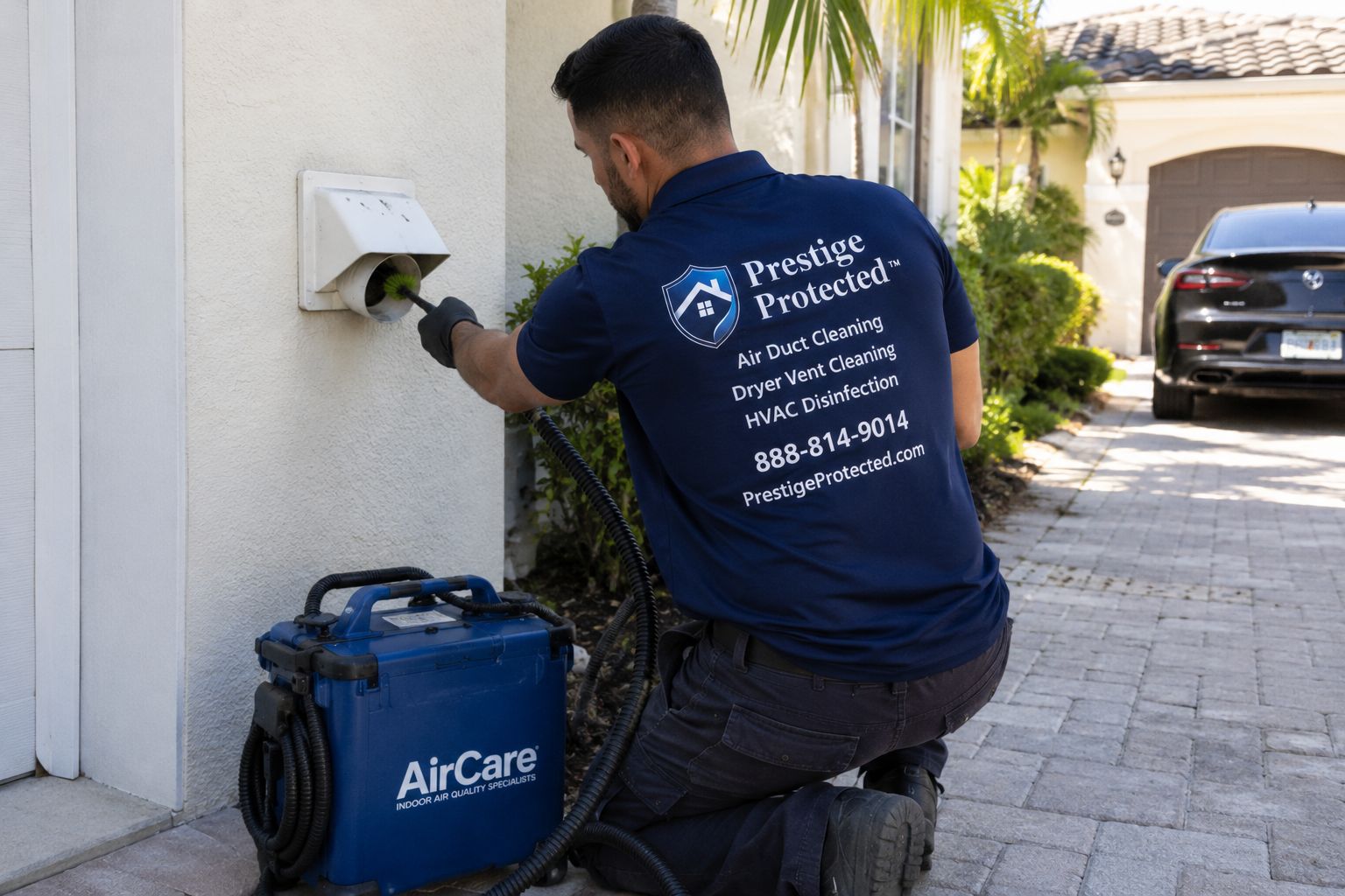 Technician servicing an exterior dryer vent termination and flap on a home