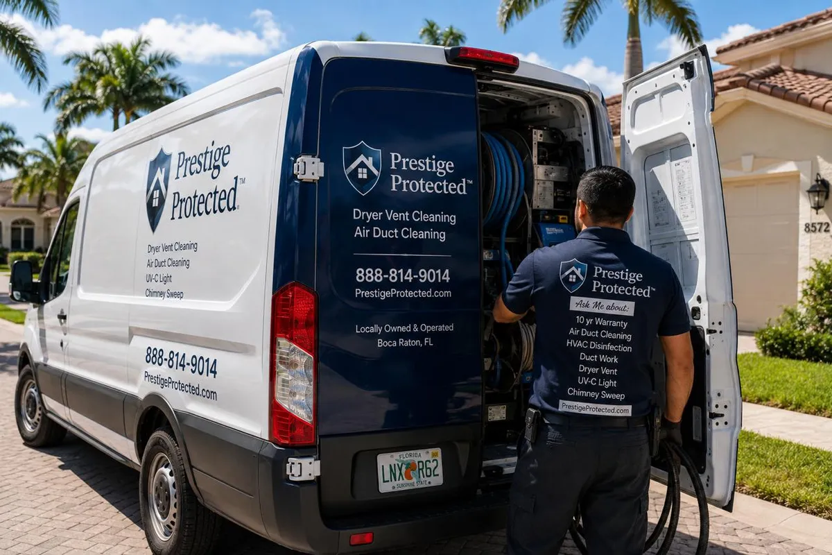 Prestige Protected air duct and dryer vent cleaning van parked at a Boca Raton, FL home