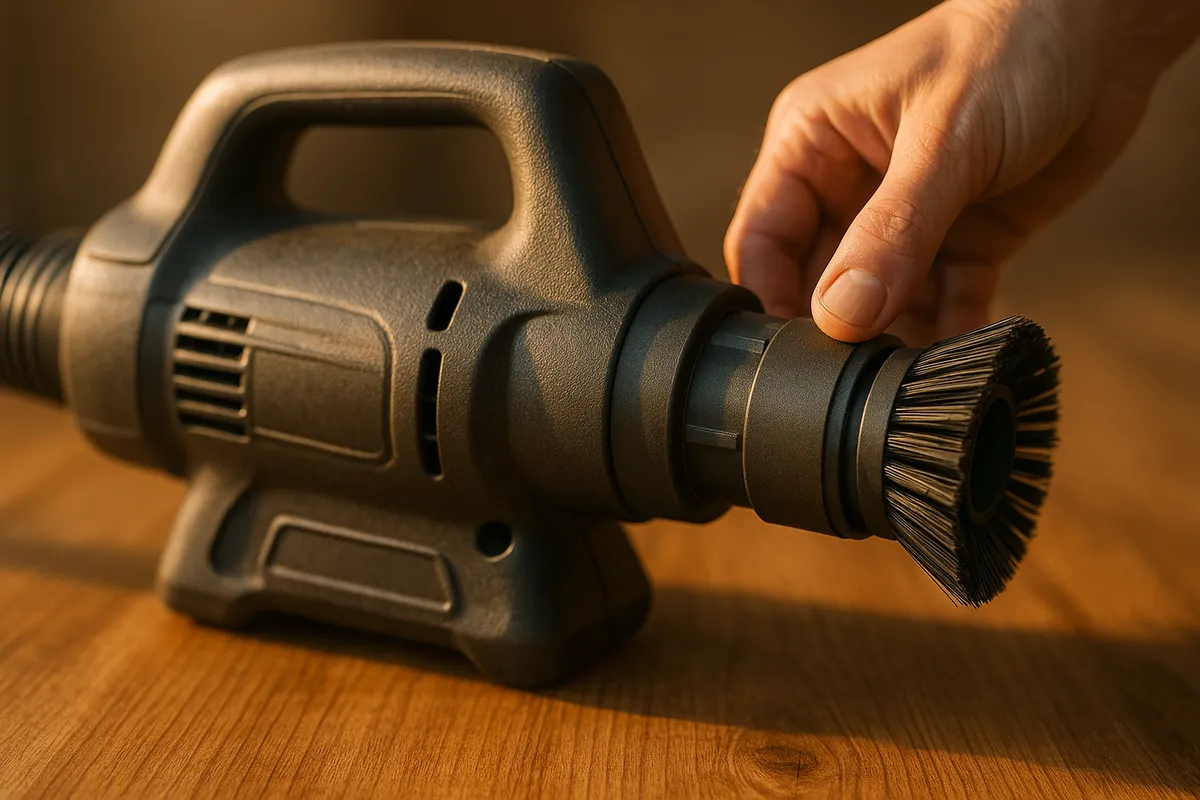 A handheld air duct cleaning vacuum with a nozzle on a wood surface, illustrating tools for duct cleaning.